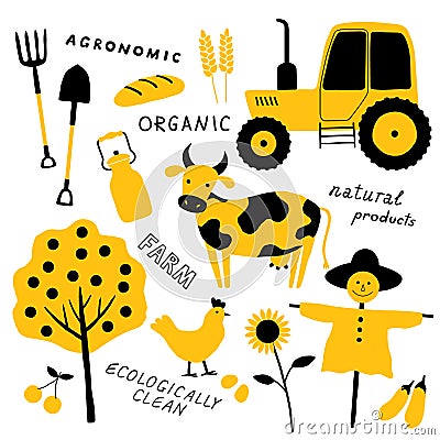 Set of agricultural and farm tools, animals, plants and machinery. Cartoon cow. Funny doodle hand drawn vector illustration. Cartoon Illustration