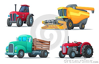 Set of agricultural transport. Farm equipment, tractors, truck and harvester. Industrial vehicles. Cartoon design vector Vector Illustration