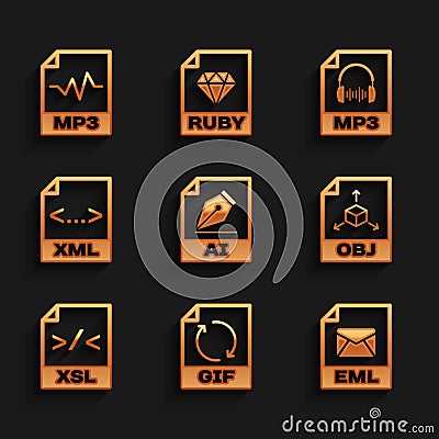 Set AI file document, GIF, EML, OBJ, XSL and XML icon. Vector Vector Illustration