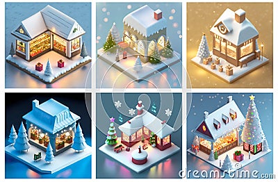 A set of AI generated isometric Christmas shops. Concept of Christmas shopping, Xmas Stock Photo
