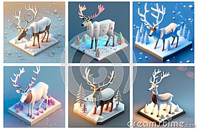 A set of AI generated isometric reindeer characters. Concept of Christmas and winter holiday season Stock Photo