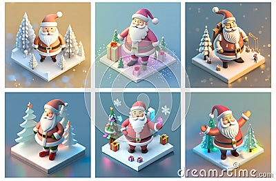 A set of AI generated isometric Santa Claus cartoon character. Concept of Xmas and winter holiday season Stock Photo