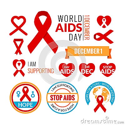 Set of AIDS badges. Vector collection. Stop AIDS signs set. AIDS red ribbons. AIDS logo set. World AIDS day - 1 December. HIV STI Vector Illustration