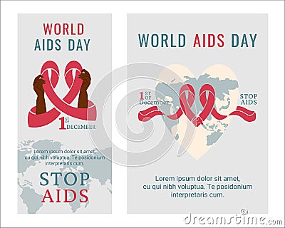 Set of AIDS day for poster, flyer. Human hands of different colour, nationality holding red ribbon. Awareness of AIDS. Tape around Vector Illustration
