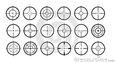 Set of aim target icon for game level, web design. Crosshair focus for weapon shoot. Circle cursor of telescope. Black sight for Cartoon Illustration