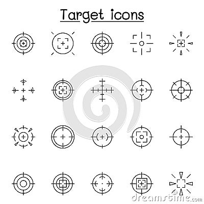 Set of Aim & target Related Vector Line Icons. Contains such Icons as crosshair, sniper scope, shooting game, radar and more Vector Illustration