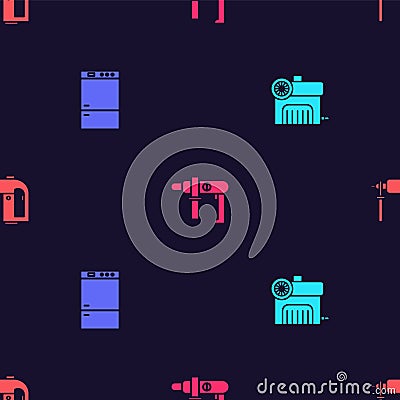 Set Air compressor, Refrigerator, Electric drill machine and Rotary hammer on seamless pattern. Vector Vector Illustration