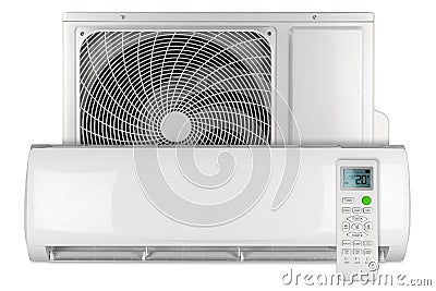 Set of air conditioner ac inverter heat pump mini split system with indoor outdoor unit and remote control isolated white Stock Photo