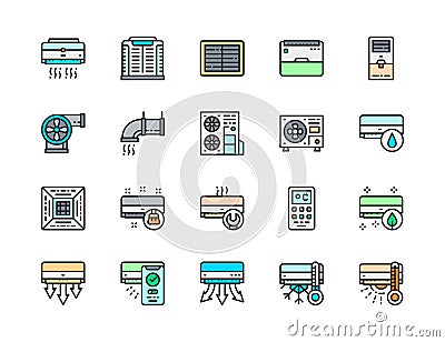 Set of Air Conditioning Color Line Icon. Multi-split System, Humidifier and more Vector Illustration