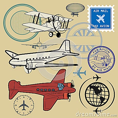 Set of air mail and airplane symbols Vector Illustration