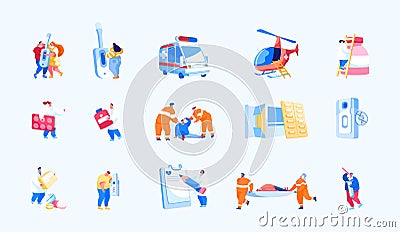 Set of Air Rescue and Emergency Medical Service on Ground. Male and Female Paramedic Characters Vector Illustration