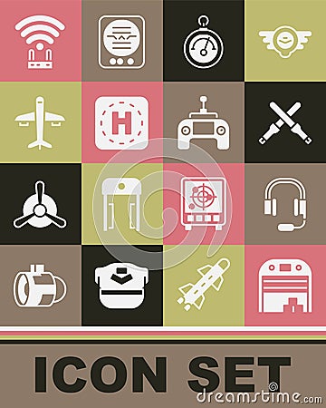 Set Aircraft hangar, Headphones with microphone, Marshalling wands, Barometer, Helicopter landing pad, Plane, Router wi Vector Illustration