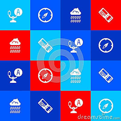 Set Aircraft steering helm, Compass, Cloud with rain and Airline ticket icon. Vector Vector Illustration
