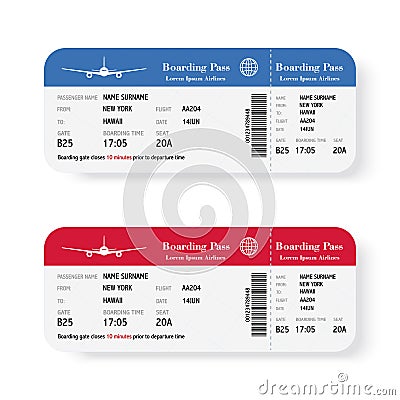 Set of the airline boarding pass tickets with shadow. Isolated on white background. Vector illustration. Vector Illustration
