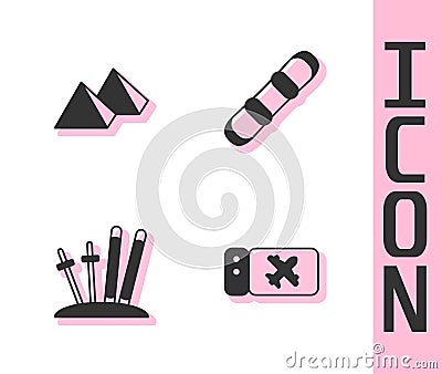 Set Airline ticket, Egypt pyramids, Ski and sticks and Snowboard icon. Vector Vector Illustration