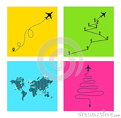 Set of airplane path in dotted line shape. Route of plane. Vector illustration. Isolated on white background Cartoon Illustration