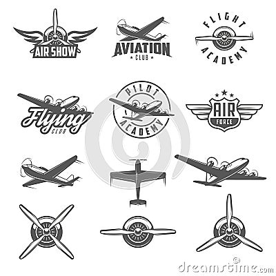 Set of airplane show labels and elements Vector Illustration