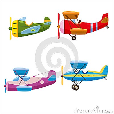 Set of airplanes aircraft different colour. Retro, personal, speed, biplane, monoplane. Vector isolated cartoon style Vector Illustration