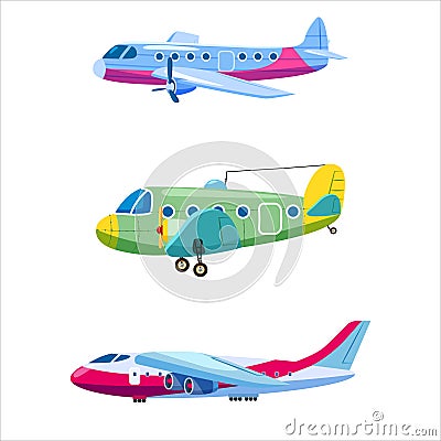 Set of airplanes aircraft different colour. Retro, personal, cargo, speed, monoplane. Vector isolated cartoon style Vector Illustration