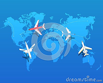 Set of Airplanes Flying over World Map. Vector Vector Illustration