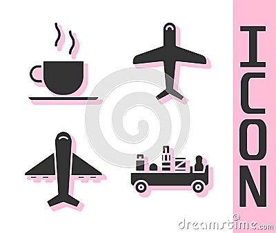 Set Airport luggage towing truck, Coffee cup, Plane and Plane icon. Vector Vector Illustration