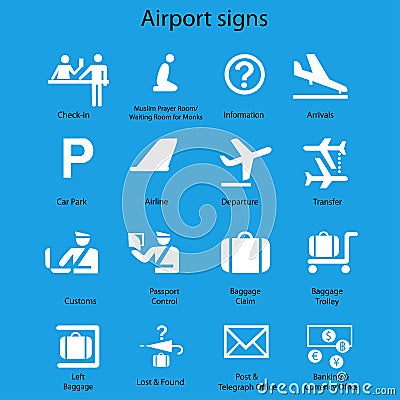 Set of airport signs and symbols on blue Vector Illustration