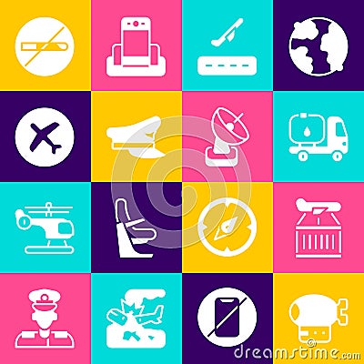 Set Airship, Plane, Fuel tanker truck, takeoff, Pilot hat, No Smoking and Radar icon. Vector Vector Illustration