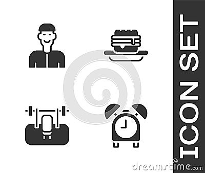 Set Alarm clock, Positive thinking, Bench with barbel and Junk food icon. Vector Vector Illustration