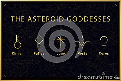 Set of alchemical golden symbols of the asteroid goddesses on dark background. Sacred geometry. Vector illustration. Vector Illustration