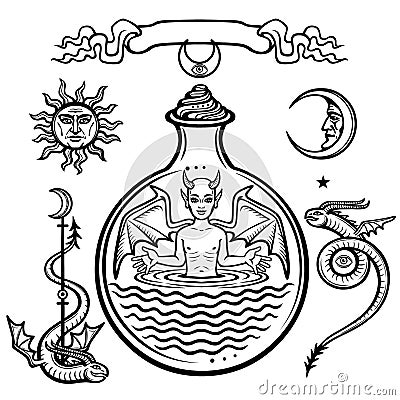 Set of alchemical symbols. Child in a test tube, the homunculus, chemical reaction. Devil. Origin of life. Vector Illustration