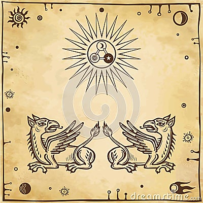 Set of alchemical symbols. Mythical dragons protect an alchemical star. Vector Illustration