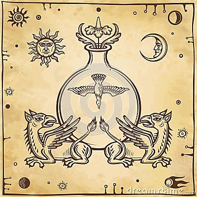 Set of alchemical symbols. Mythical dragons protect a test tube with a bird. Vector Illustration