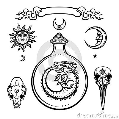 Set of alchemical symbols. Origin of life. Mystical snakes in a test tube. Religion, mysticism, occultism, sorcery. Vector Illustration