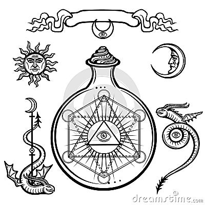 Set of alchemical symbols. A providence eye in a flask, chemical reaction. Sacred geometry. Vector Illustration