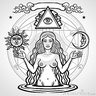 Set of alchemical symbols: young beautiful woman holds sun and moon in hand. Eve`s image, fertility, temptation. Vector Illustration