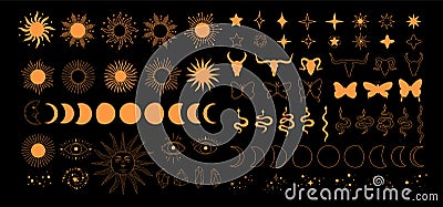 Set of alchemy esoteric mystical magic celestial icons, sun, moon phases, stars Vector Illustration