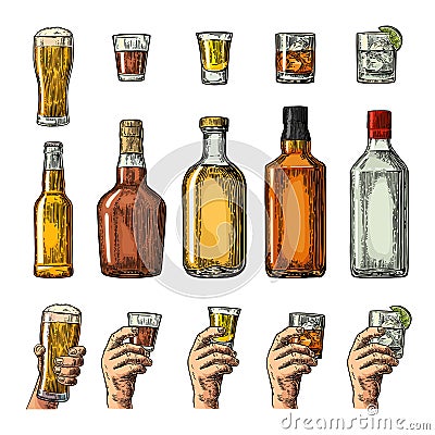 Set alcohol drinks with bottle, glass and hand holding beer, gin, whiskey, tequila. Vector Illustration