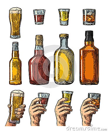 Set alcohol drinks with bottle, glass and hand holding beer, whiskey, tequila Vector Illustration
