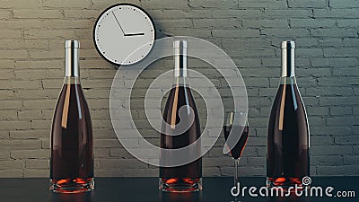 Set of alcohol glass bottles with a screw cap. Old brick wall and clock background. Cartoon Illustration