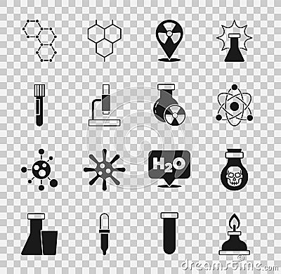 Set Alcohol or spirit burner, Poison in bottle, Atom, Radioactive location, Microscope, Test tube and flask, Chemical Stock Photo