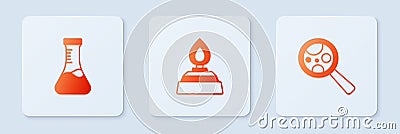 Set Alcohol or spirit burner, Test tube and Microorganisms under magnifier. White square button. Vector Vector Illustration