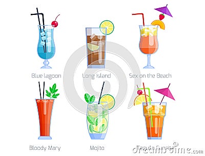 Set of alcoholic cocktails isolated fruit cold drinks tropical cosmopolitan freshness collection and party alcohol sweet Vector Illustration