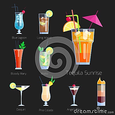Set of alcoholic cocktails isolated fruit cold drinks tropical cosmopolitan freshness collection and party alcohol sweet Vector Illustration
