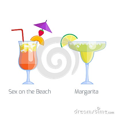 Set of alcoholic cocktails isolated fruit cold drinks tropical margarita freshness and party alcohol sweet tequila Vector Illustration