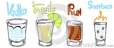 Set of alcoholic shot glases. Hand drawn glasses of vodka, tequila, rum and sambuca Vector Illustration