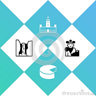 Set Algar waterfall, Cheese, Montjuic castle and Bullfight, matador icon. Vector Vector Illustration