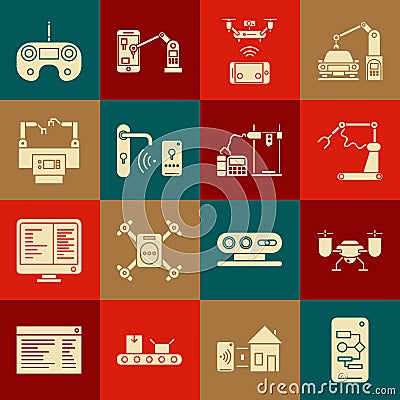 Set Algorithm, Industrial machine robotic robot arm hand factory, Remote aerial drone, Digital door lock wireless Vector Illustration