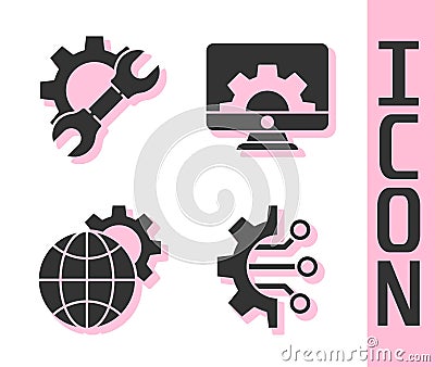 Set Algorithm, Wrench spanner and gear, Globe of the Earth and gear and Computer monitor and gear icon. Vector Vector Illustration