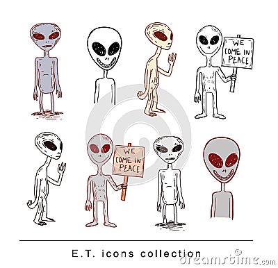 Set of alien icon, hand drawn vector illustration. Vector Illustration