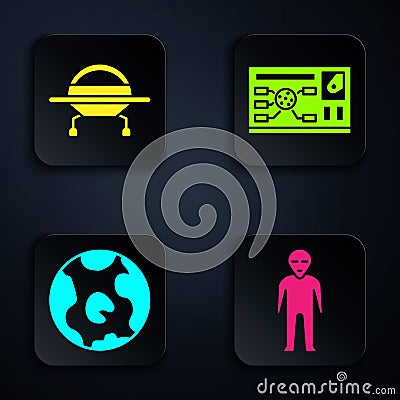 Set Alien, UFO flying spaceship, Earth globe and Futuristic hud interface. Black square button. Vector Vector Illustration